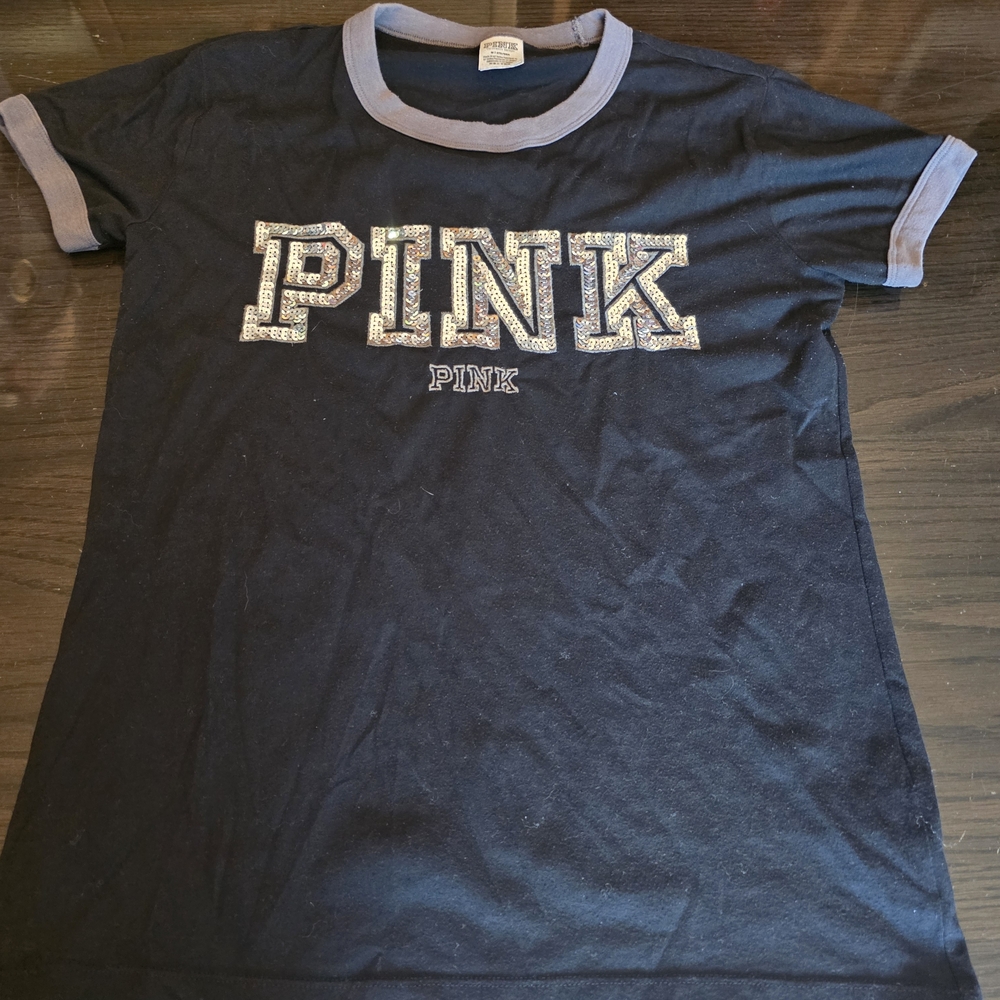PINK Victoria's Secret Black and Gray Tee Silver Sequins